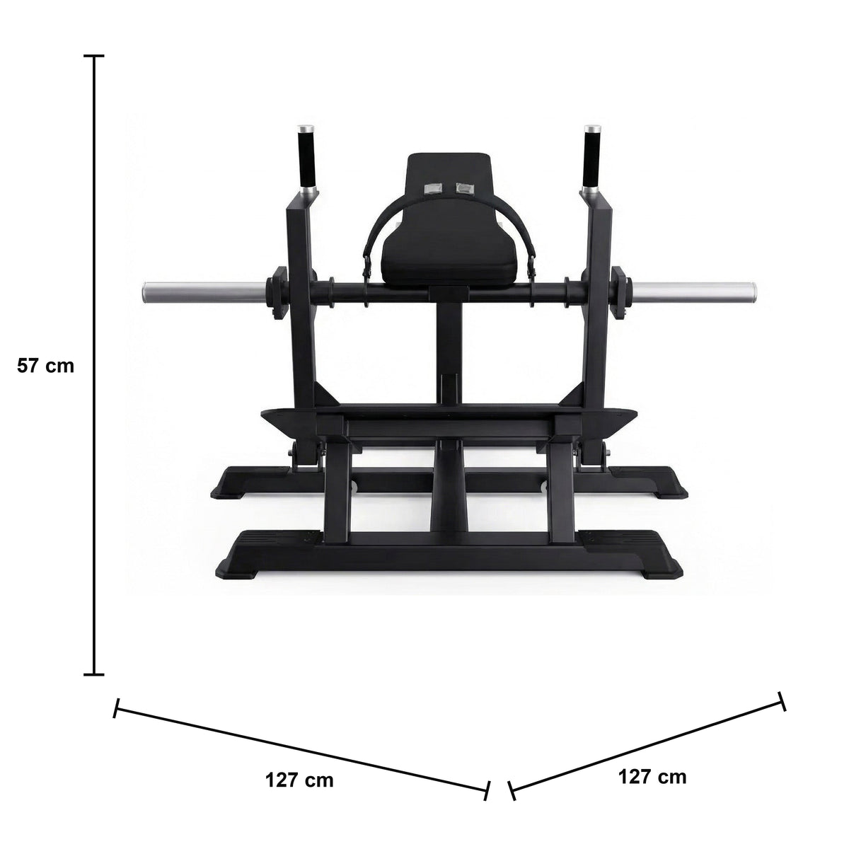 DHZ A608 Belt Hip Thrust – Plate-Loaded Gesäßmaschine – professionelles Gerät – Maßzeichnung mit Produktabmessungen 127 × 127 × 57 cm
