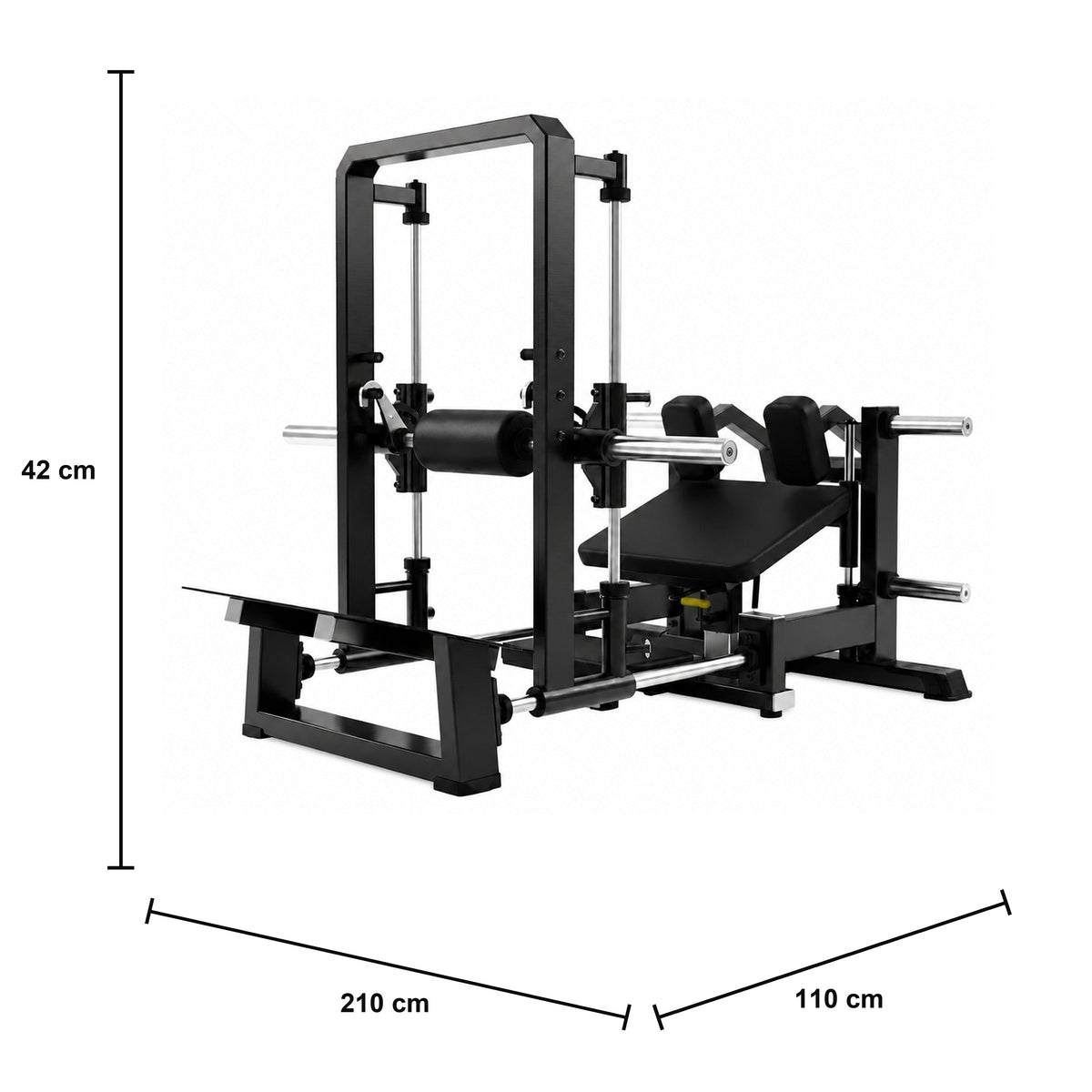 DHZ A609 3D Smith Hip Thrust – Plate-Loaded Gesäßmaschine für den Studioeinsatz – Maßzeichnung mit Produktabmessungen 210 × 110 × 42 cm