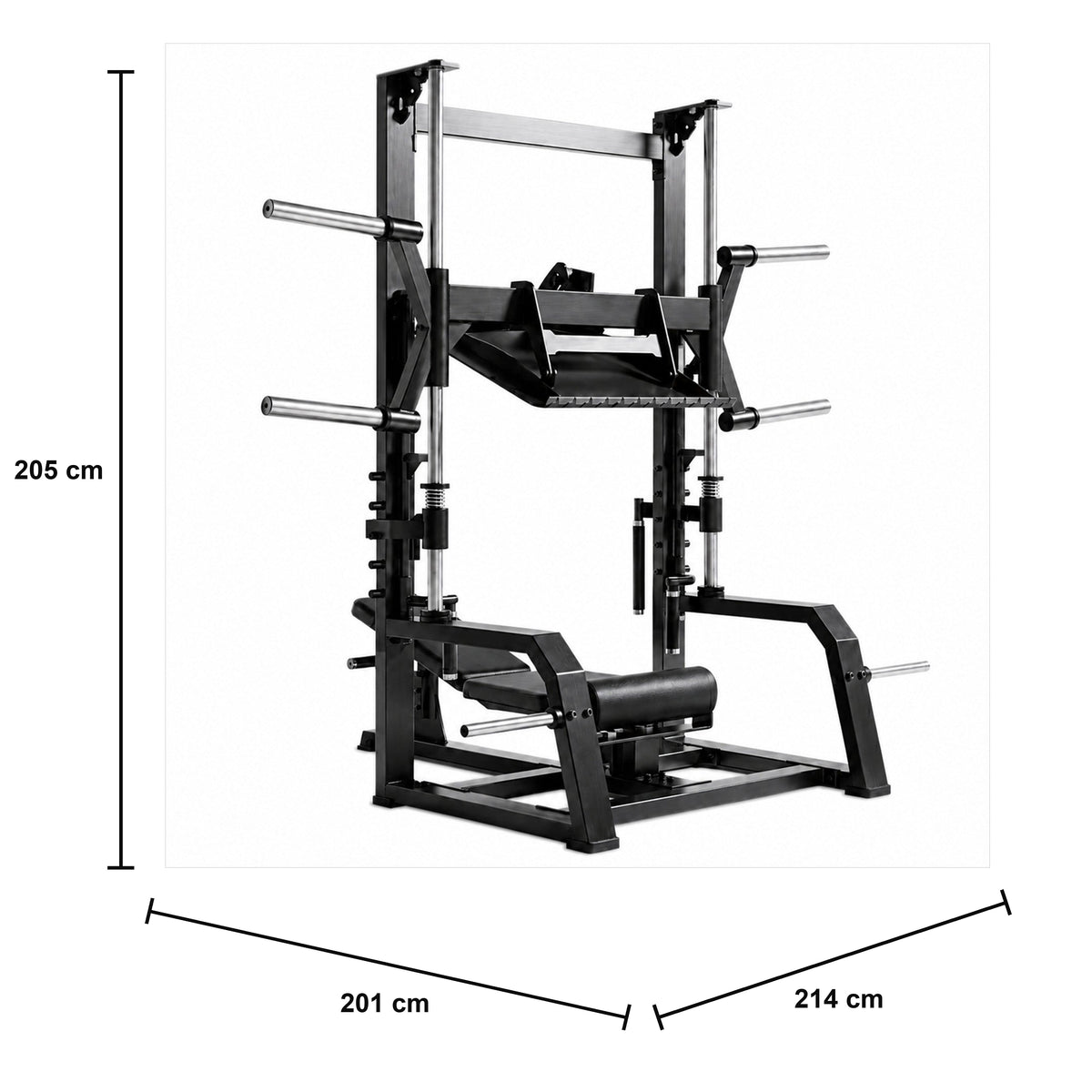 DHZ A616 Adjustable Vertical Leg Press – Professionelle Plate-Loaded Beinpresse – Maßzeichnung mit Produktabmessungen 201 × 214 × 205 cm