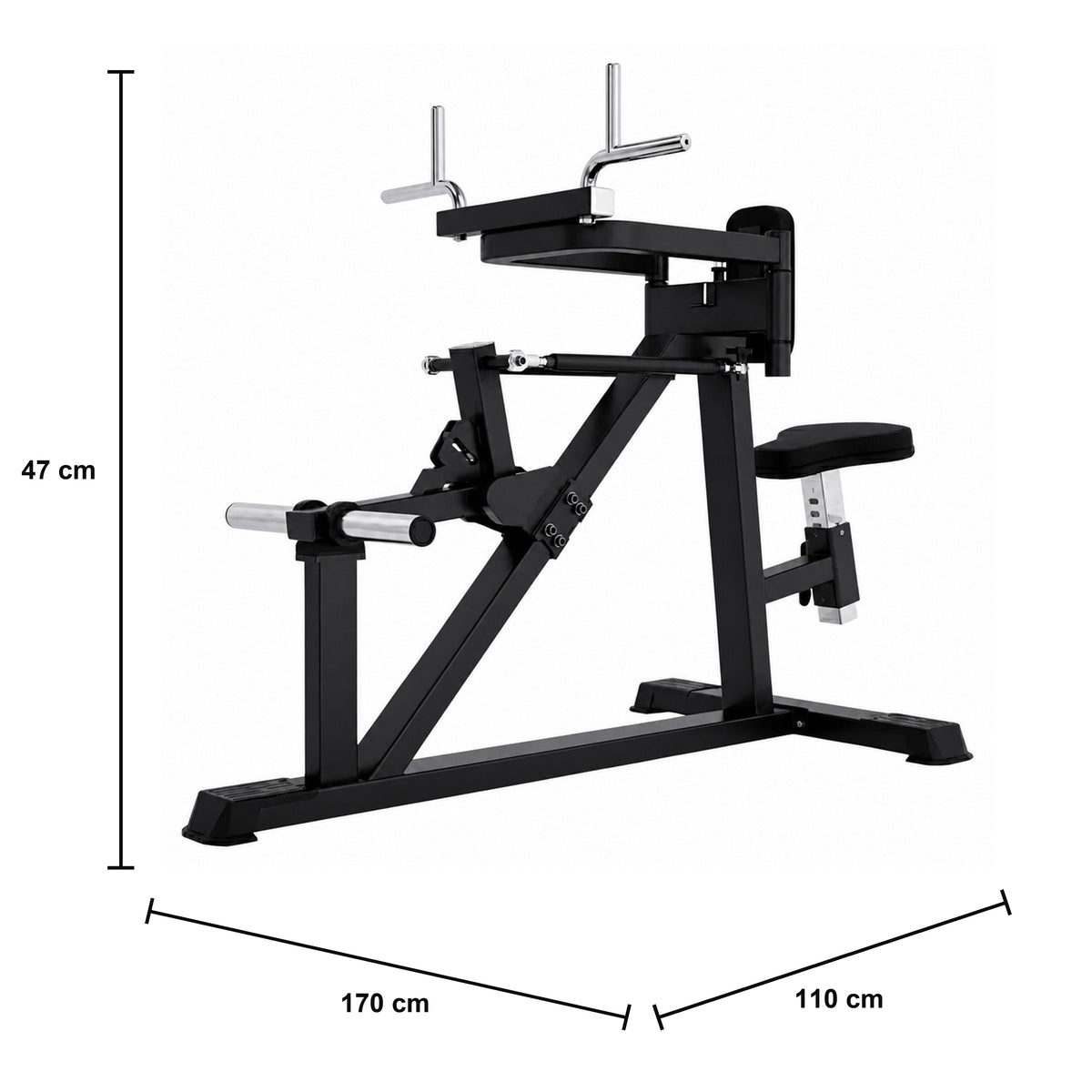 DHZ A618 Seated Deltoid Fly Plate-Loaded Reverse Fly Maschine als Studiogerät – Maßzeichnung mit Produktabmessungen 170 × 110 × 47 cm