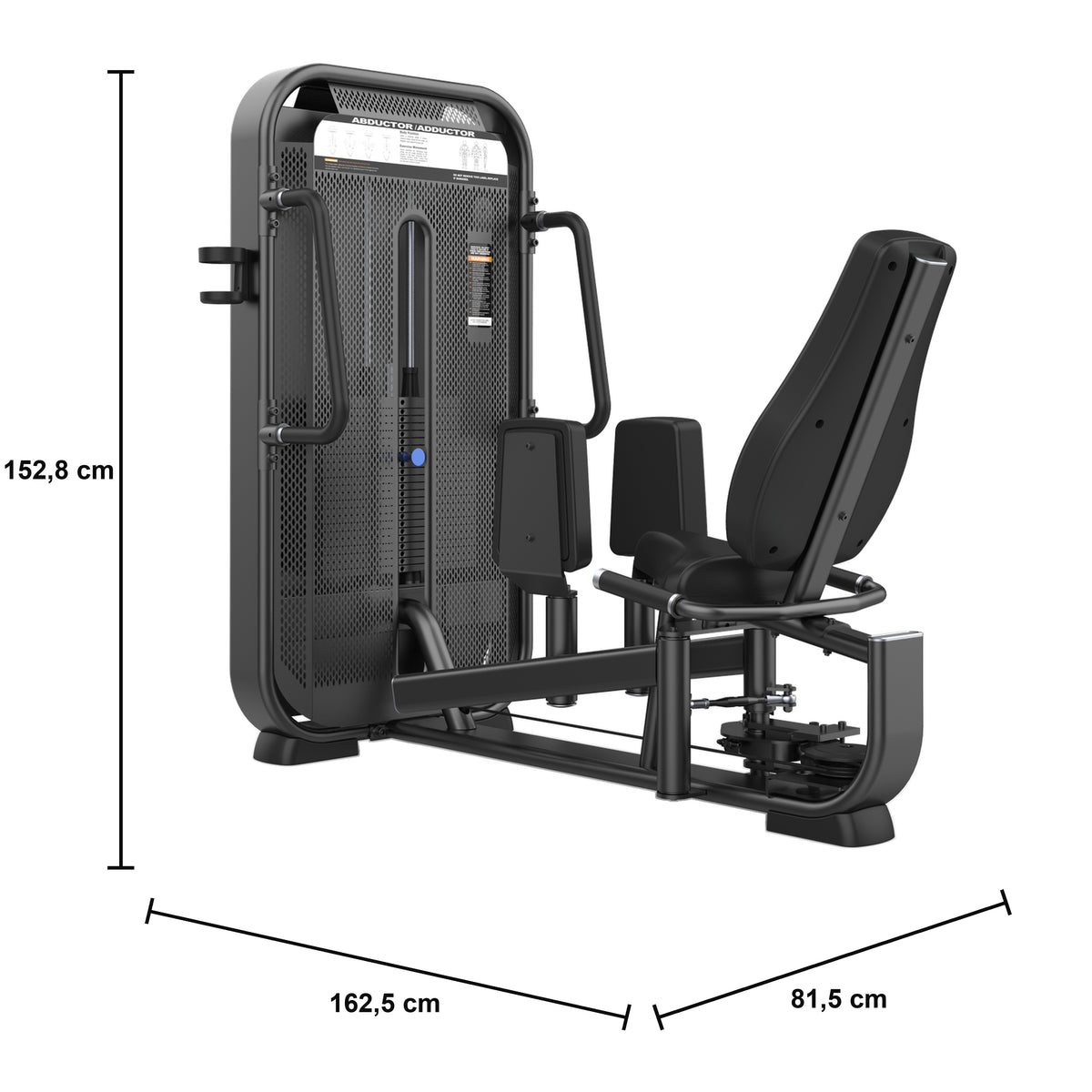 DHZ E7021 Abductor & Adductor – Hüfttrainer der FUSION PRO Kraft Serie – Maßzeichnung mit Produktabmessungen 162,5 × 81,5 × 152,8 cm