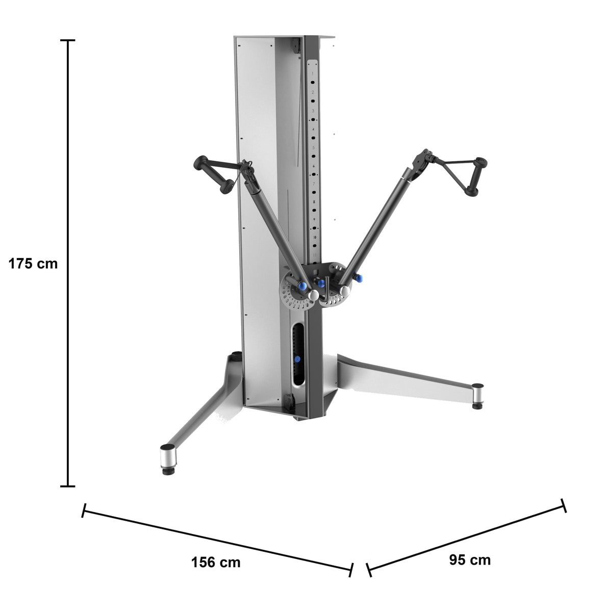 DHZ EMI1000 Dual Cable Cross – verstellbarer Doppelkabelzug – Maßzeichnung mit Produktabmessungen 156 × 95 × 175 cm