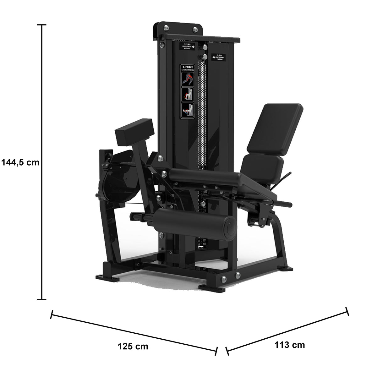 DHZ S-FORCE SM5002 Leg Extension – Gewichtsblock Beinstrecker als Studiogerät – Maßzeichnung mit Produktabmessungen 125 × 113 × 144,5 cm