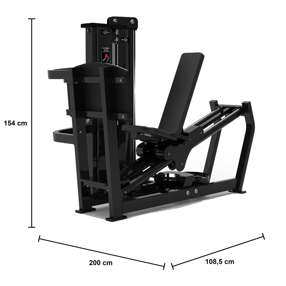 DHZ S-FORCE SM5003 Dual Beinpresse & Wadenmaschine für professionelle Studios – Maßzeichnung mit Produktabmessungen 200 × 108,5 × 154 cm