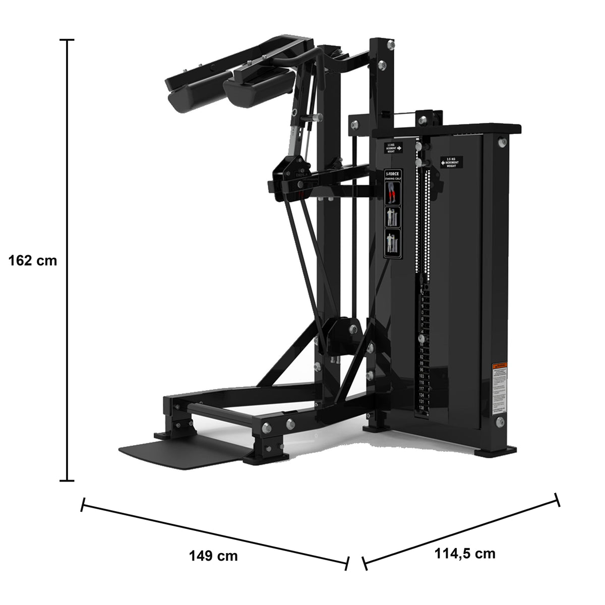 DHZ S-FORCE SM5010 Standing Calf – Gewichtsblock Stehende Wadenmaschine – Maßzeichnung mit Produktabmessungen 149 × 114,5 × 162 cm