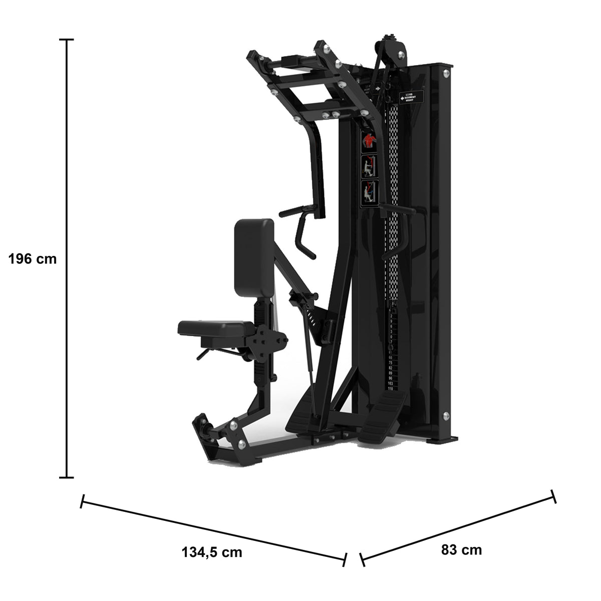 DHZ S-FORCE SM5034 Vertical Row – Gewichtsblock Vertikale Rudermaschine – Maßzeichnung mit Produktabmessungen 134,5 × 83 × 196 cm