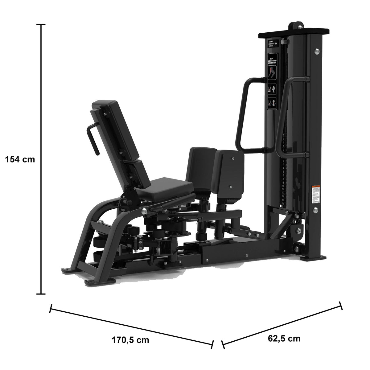DHZ S-FORCE SM5089 Dual Adduktoren- & Abduktorenmaschine für den Studioeinsatz – Maßzeichnung mit Produktabmessungen 170,5 × 62,5 × 154 cm