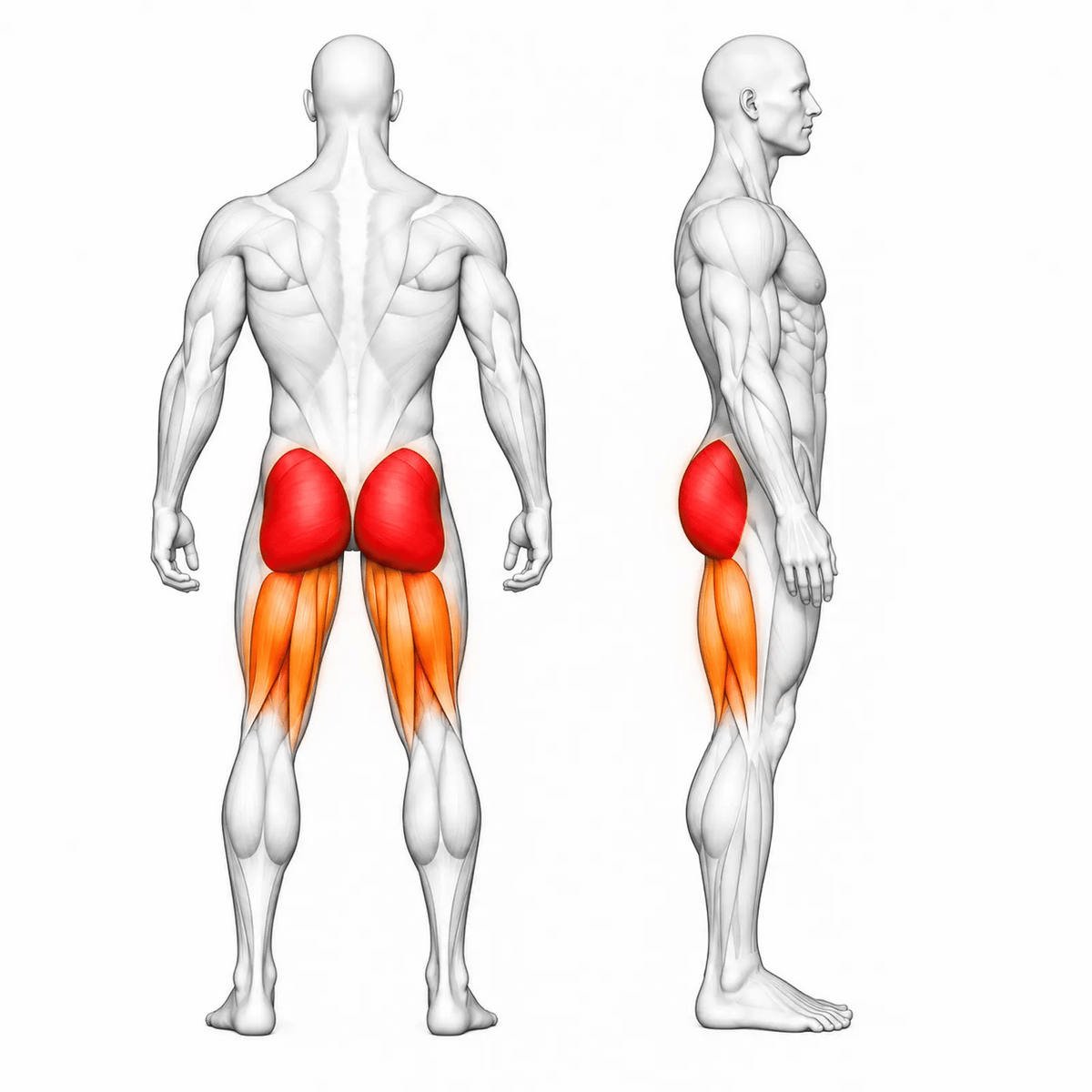 Animierte Muskelgruppen der DHZ TITAN Mechanix Y984ZA Hip Thrust: Gesäß primär, Beinbeuger sekundär
