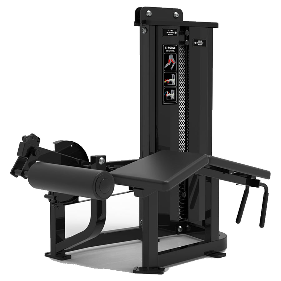 DHZ S-FORCE SM5001 Prone Leg Curl – Gewichtsblock Liegender Beinbeuger – schwarze Polster, Hauptansicht