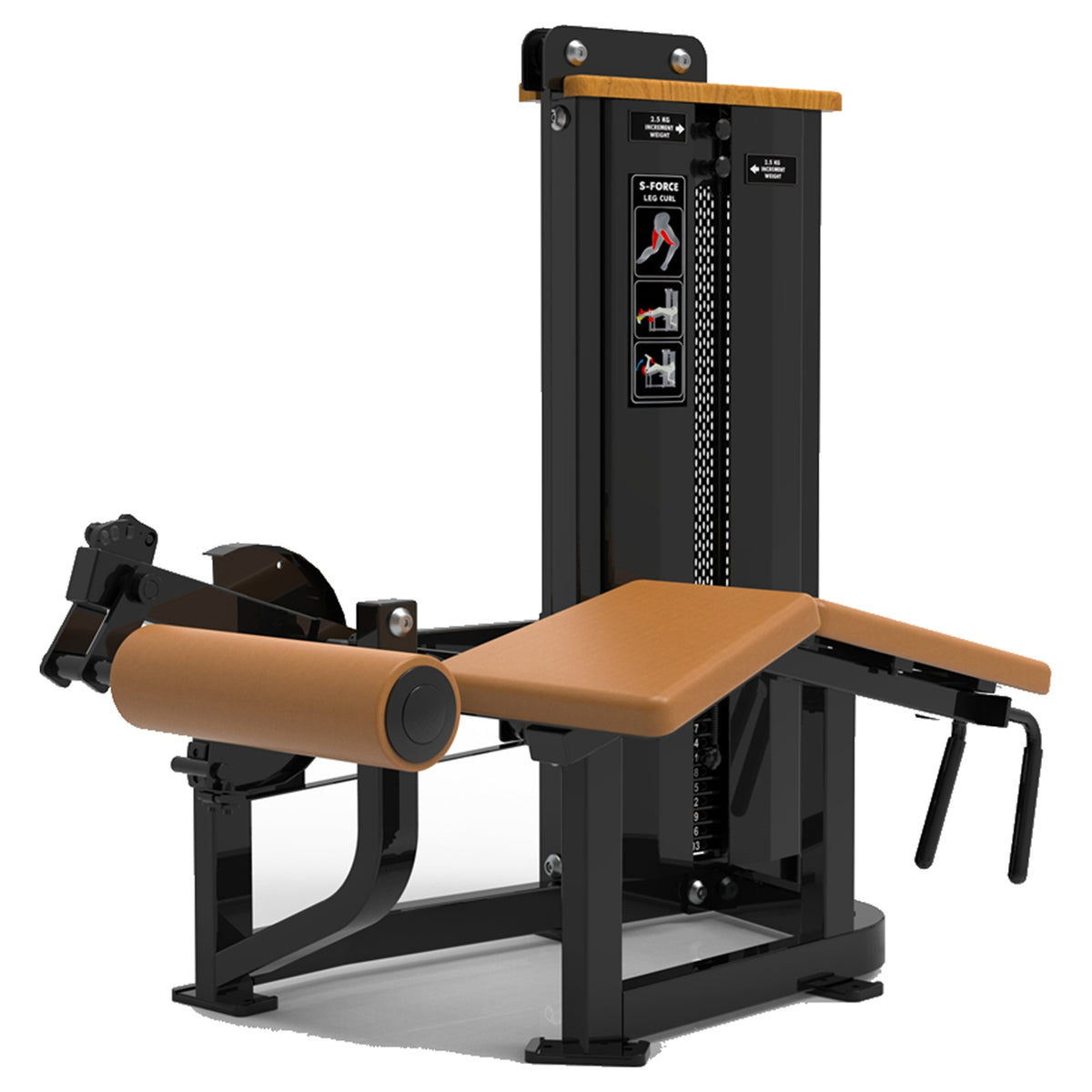 DHZ S-FORCE SM5001 Prone Leg Curl – Gewichtsblock Liegender Beinbeuger – braune Polster, Hauptansicht