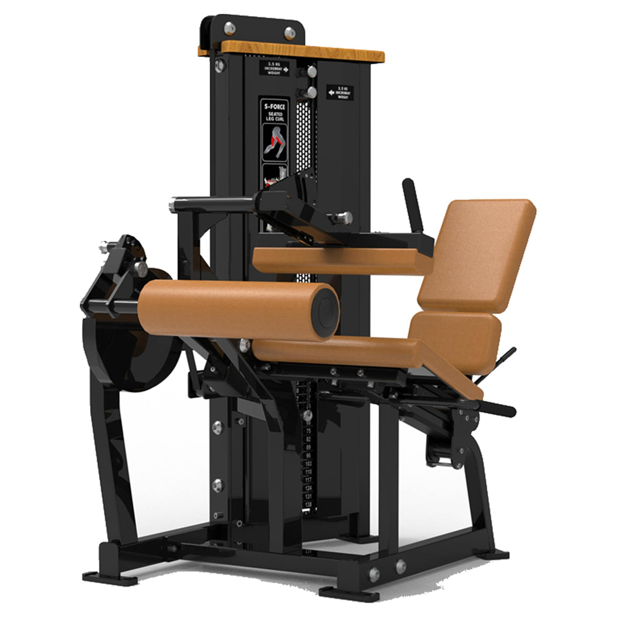 DHZ S-FORCE SM5023 Seated Leg Curl – Gewichtsblock Sitzender Beinbeuger – braune Polster, Hauptansicht