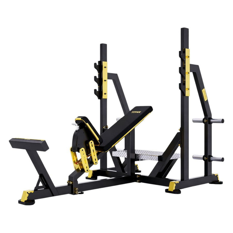 DHZ TITAN Mechanix Y971ZA Olympic Incline Bench - Plate Loaded Schrägbank für Langhanteltraining – olympic incline bench schwarz gold hauptansicht