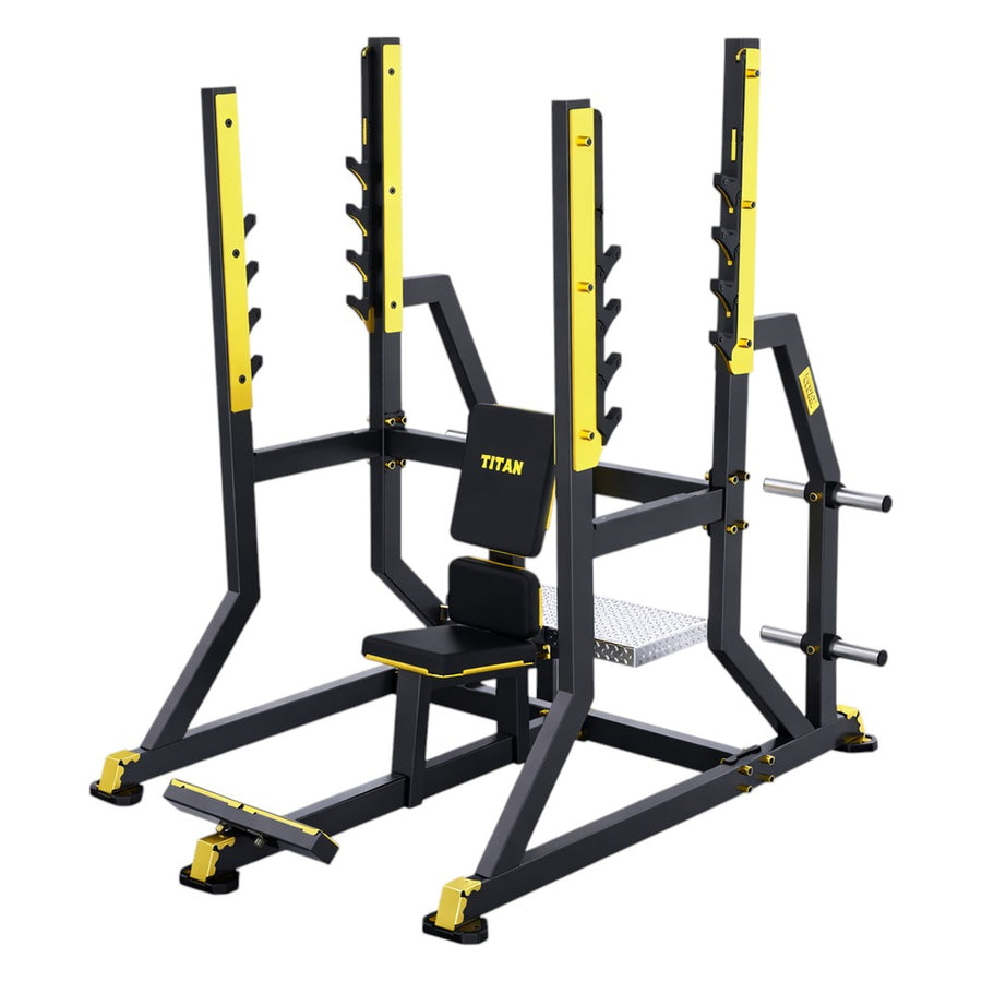 DHZ TITAN Mechanix Y974ZA Olympic Military Bench - Plate Loaded Schulterpresse Bank für Langhanteltraining – olympic military bench schwarz gold hauptansicht