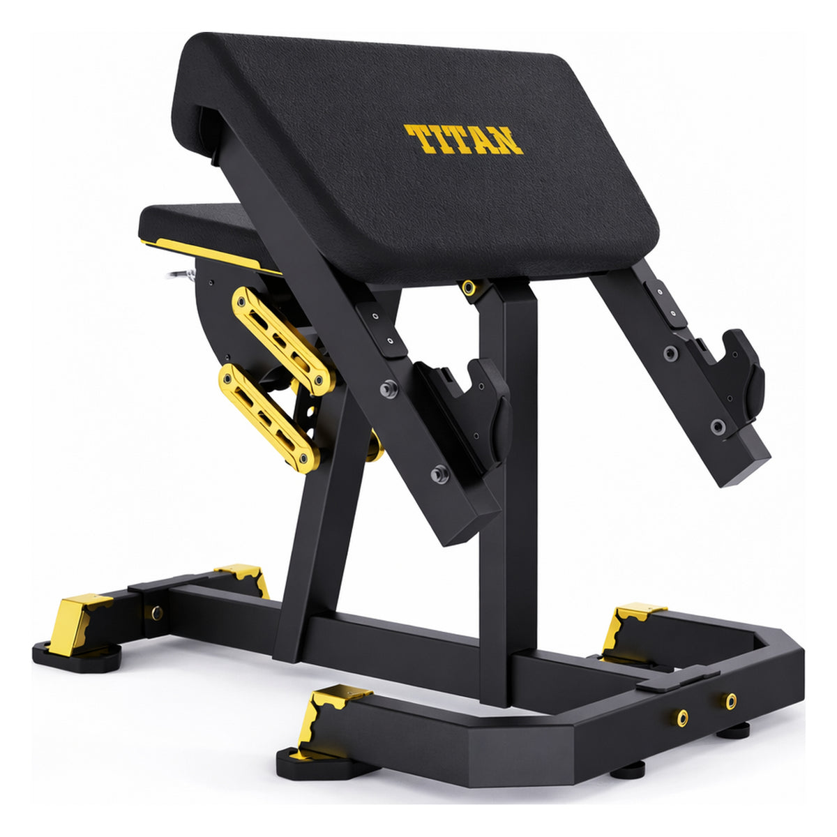 DHZ TITAN Mechanix Y976ZA Seated Preacher Curl - Plate Loaded Bizepsbank für isoliertes Armtraining – seated preacher curl schwarz gold hauptansicht