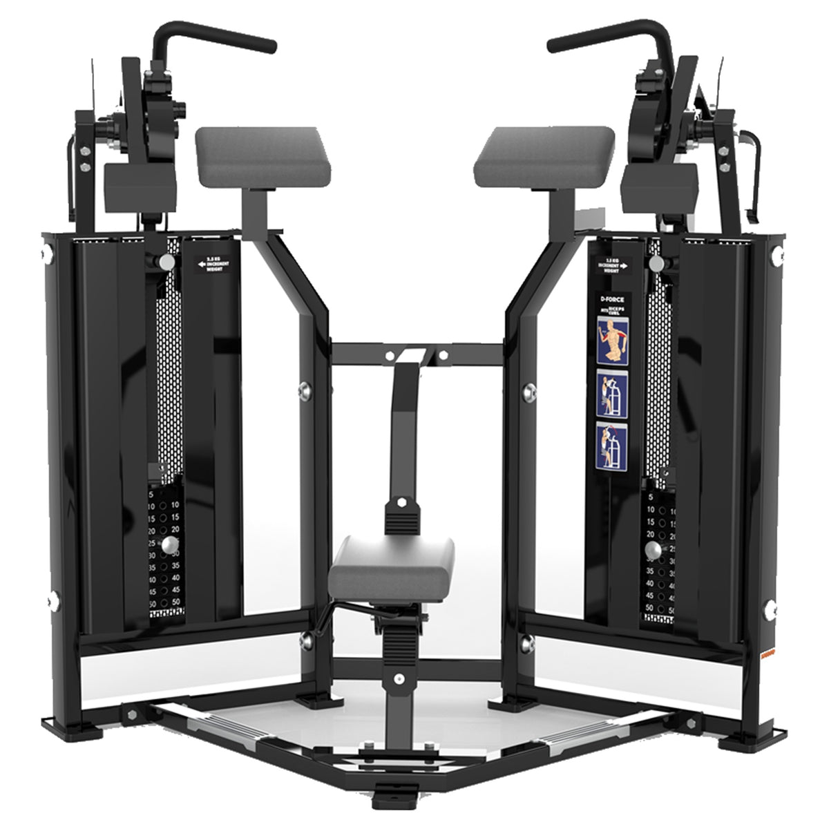 DHZ D-FORCE PM2037 Biceps Curl – Dual Weight Stack Bizepsmaschine – Detailansicht der professionellen Polsterung mit schwarzer Polsterung – Ansicht 2