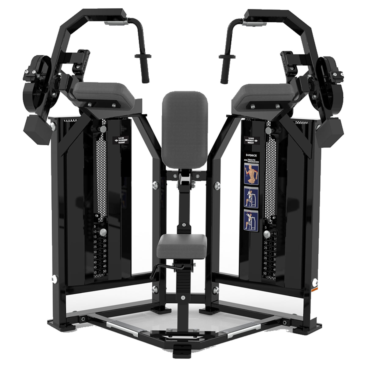 DHZ D-FORCE PM2043 Triceps Extension – Dual Weight Stack Trizepsmaschine – schwarze Polster, Produktansicht 02
