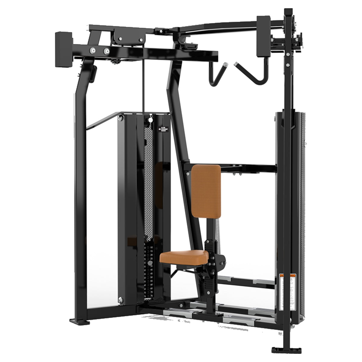 DHZ D-FORCE PM2045 High Row – Dual Weight Stack High-Row-Rückenmaschine – braune Polster, Produktansicht 02