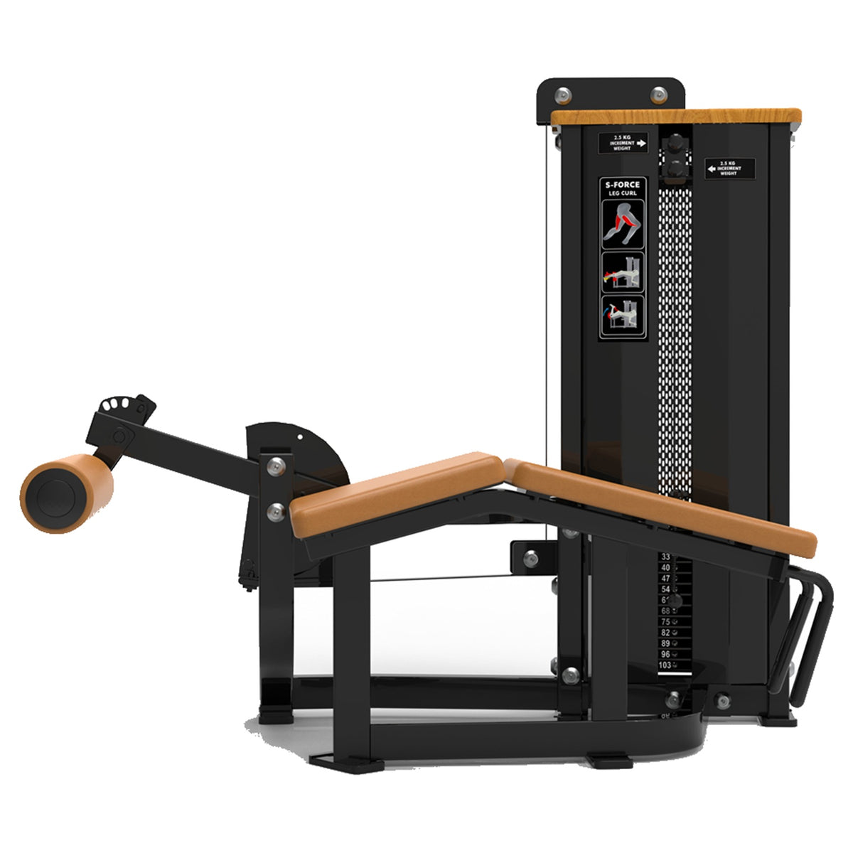 DHZ S-FORCE SM5001 Prone Leg Curl – Gewichtsblock Liegender Beinbeuger – braune Polster, Produktansicht 02