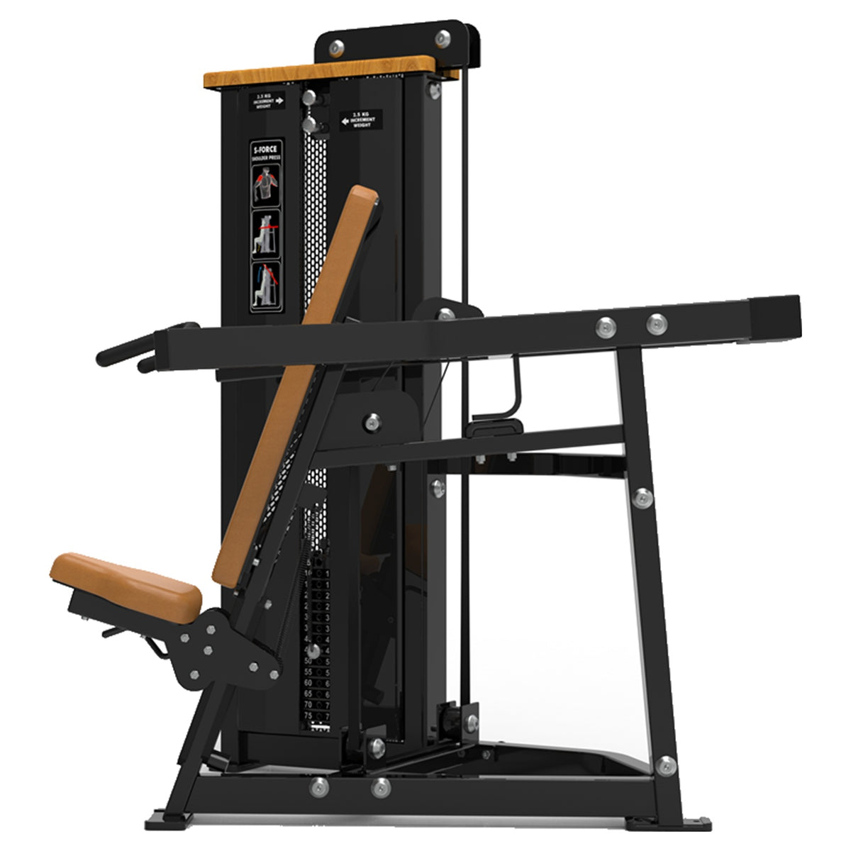 DHZ S-FORCE SM5006 Shoulder Press – Gewichtsblock Schulterpresse – braune Polster, Produktansicht 02