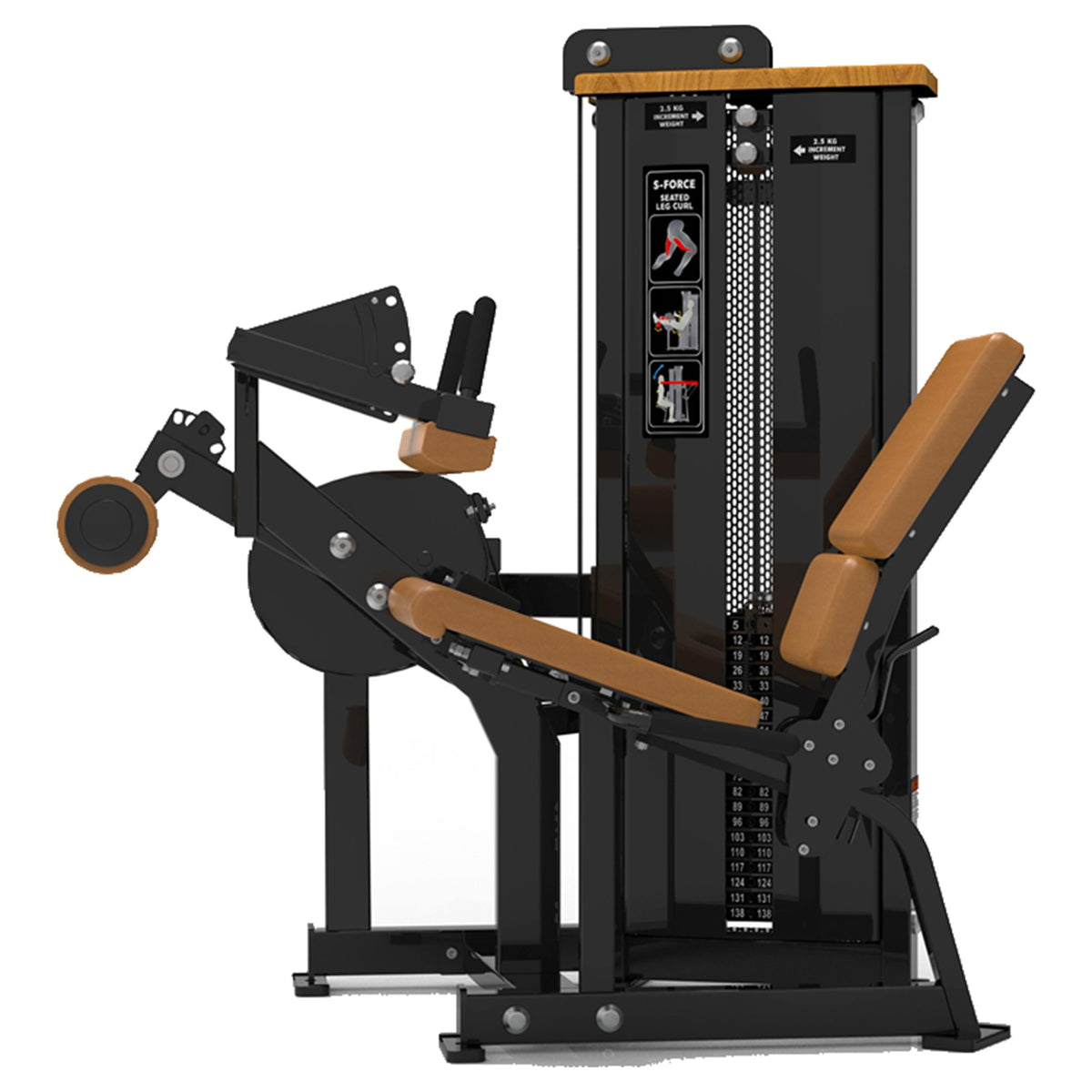 DHZ S-FORCE SM5023 Seated Leg Curl – Gewichtsblock Sitzender Beinbeuger – braune Polster, Produktansicht 02