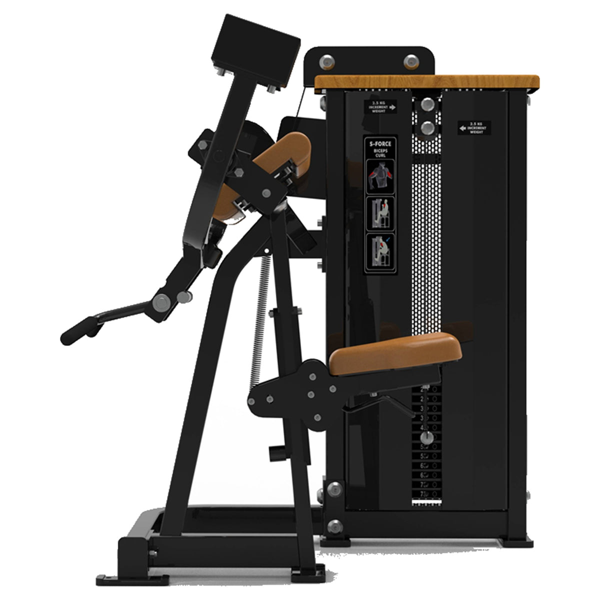 DHZ S-FORCE SM5030 Camber Curl – Gewichtsblock Bizepsmaschine – braune Polster, Produktansicht 02