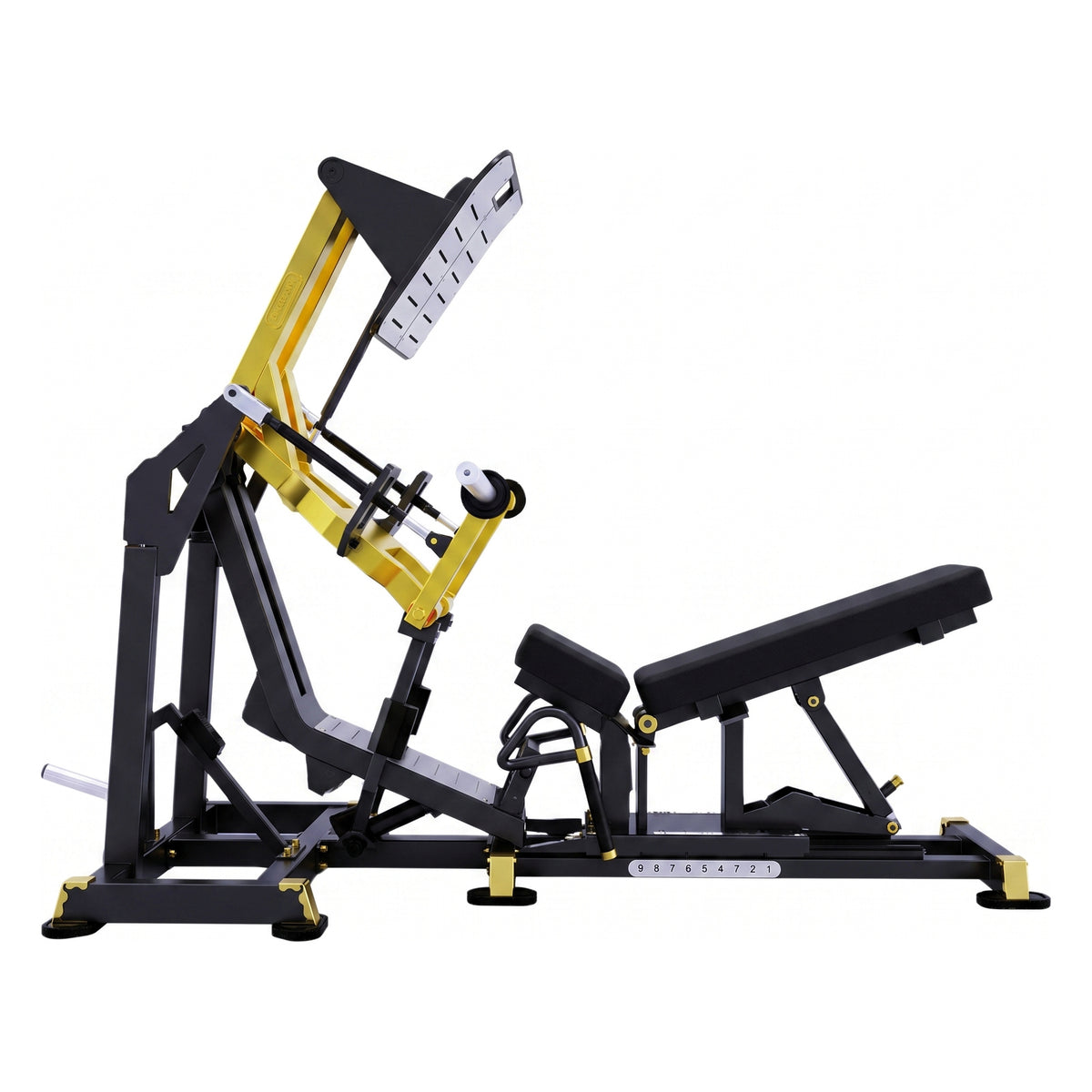 DHZ TITAN Mechanix Y950ZA Leg Press - Plate Loaded Beinpresse für professionelles Bein- und Glute-Training – leg press schwarz gold seitenansicht