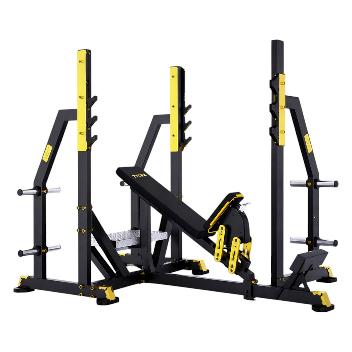 DHZ TITAN Mechanix Y971ZA Olympic Incline Bench - Plate Loaded Schrägbank für Langhanteltraining – olympic incline bench schwarz gold seitenansicht links