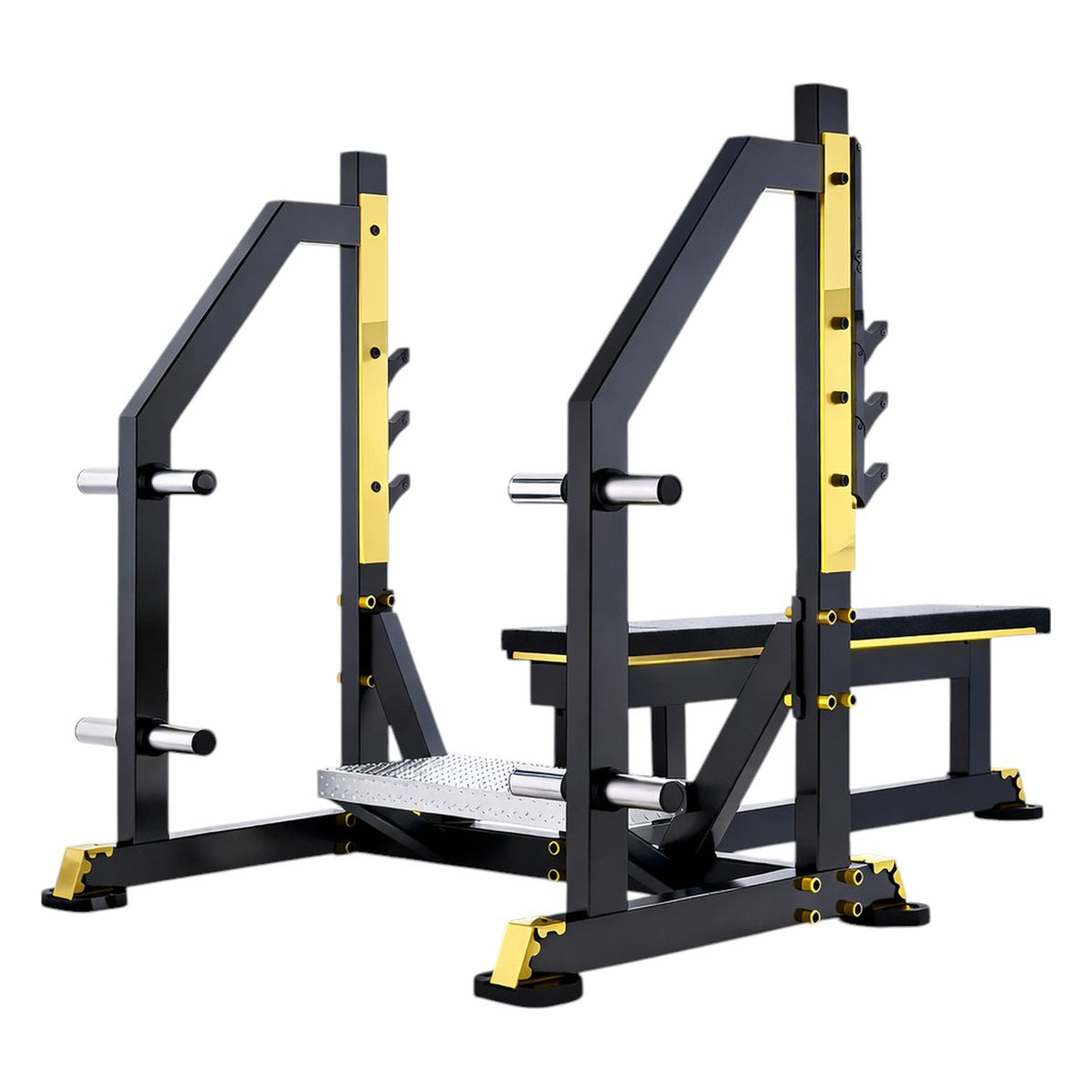 DHZ TITAN Mechanix Y972ZA Olympic Flat Bench - Plate Loaded Flachbank für Langhanteltraining – olympic flat bench schwarz gold seitenansicht links