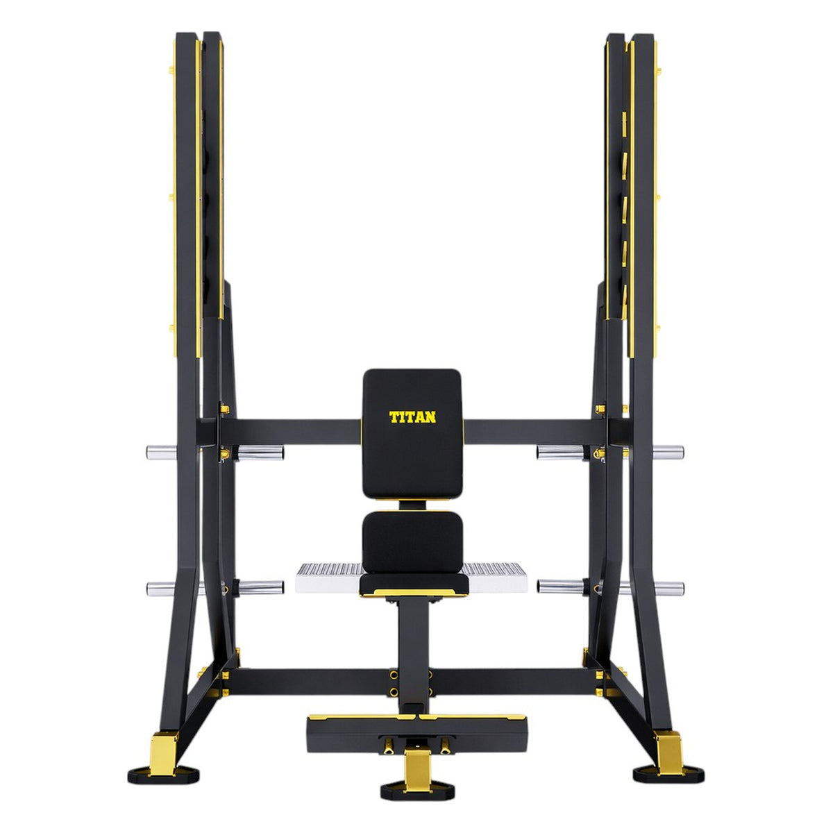 DHZ TITAN Mechanix Y974ZA Olympic Military Bench - Plate Loaded Schulterpresse Bank für Langhanteltraining – olympic military bench schwarz gold frontansicht