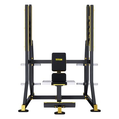 DHZ TITAN Mechanix Y974ZA Olympic Military Bench - Plate Loaded Schulterpresse Bank für Langhanteltraining – olympic military bench schwarz gold frontansicht