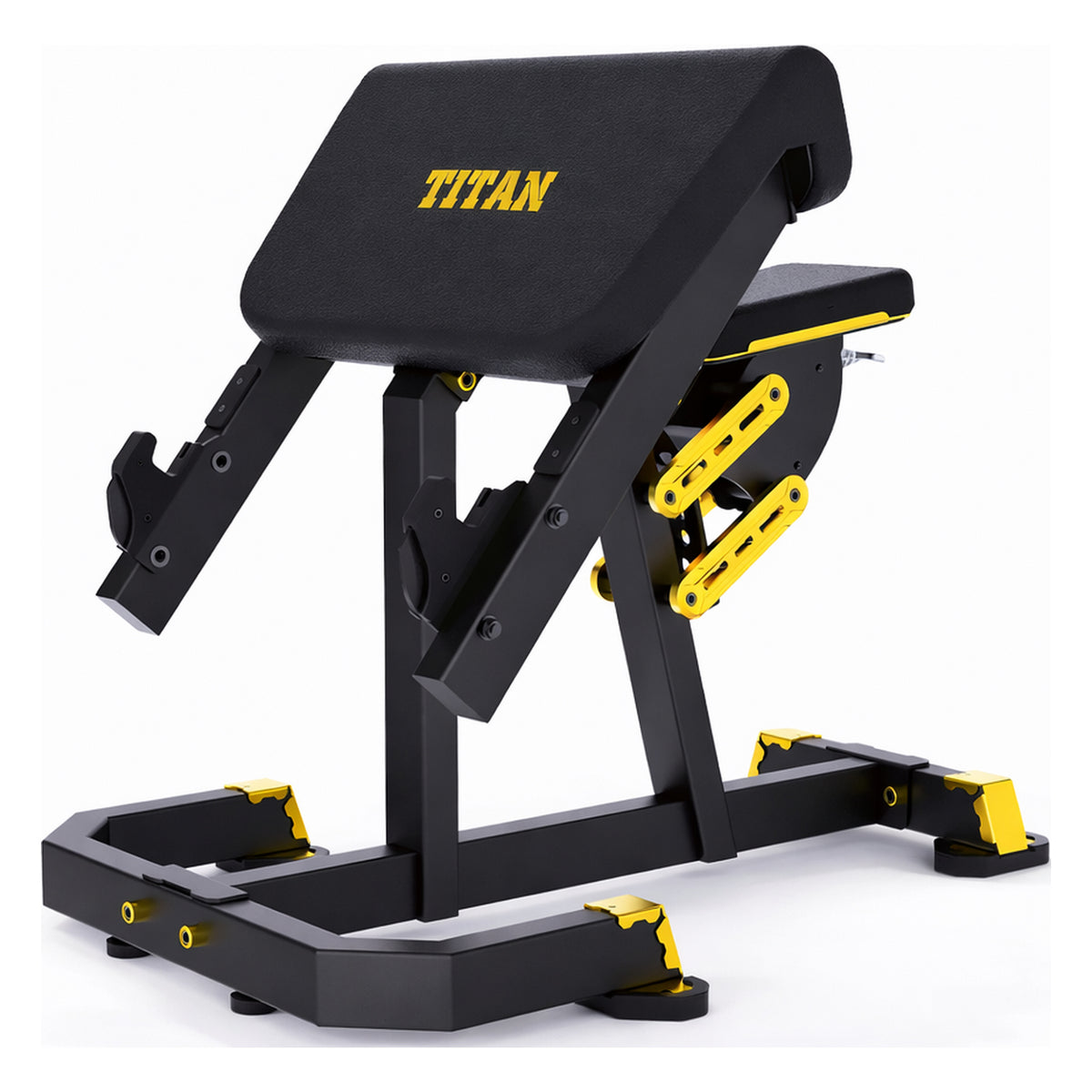 DHZ TITAN Mechanix Y976ZA Seated Preacher Curl - Plate Loaded Bizepsbank für isoliertes Armtraining – seated preacher curl schwarz gold perspektivansicht