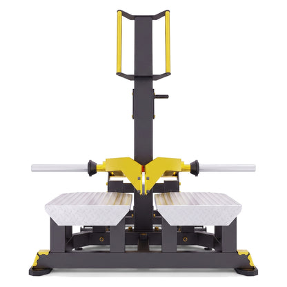 DHZ TITAN Mechanix Y986ZA Belt Squat – Plate Loaded Kniebeugenmaschine – dhz titan mechanix y986za belt squat schwarz gold frontansicht 