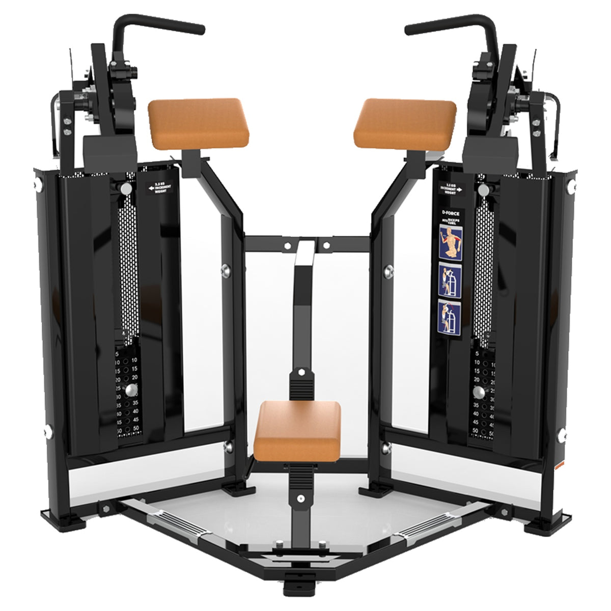 DHZ D-FORCE PM2037 Biceps Curl – Dual Weight Stack Bizepsmaschine – Detailansicht der professionellen Polsterung mit brauner Polsterung – Ansicht 3