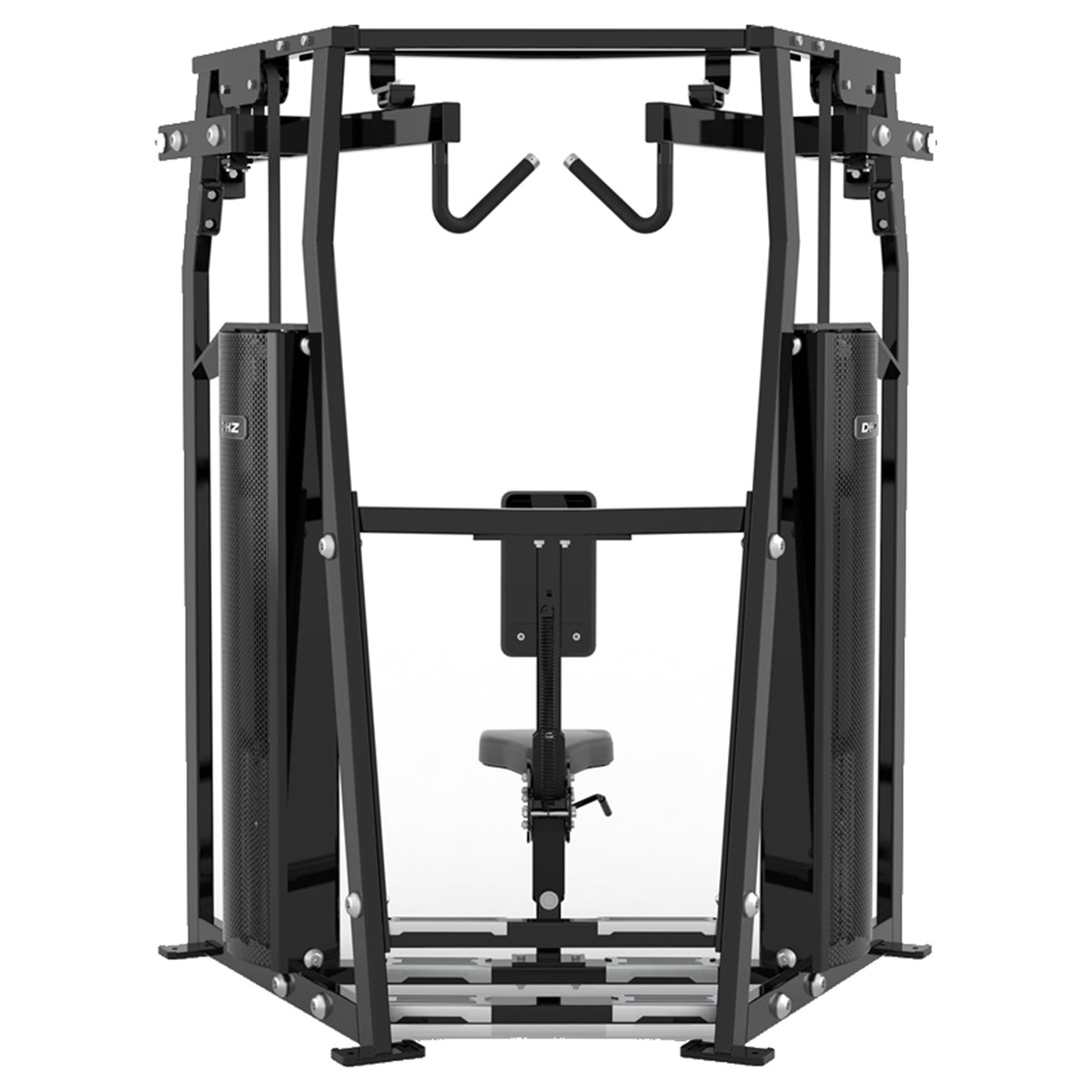 DHZ D-FORCE PM2045 High Row – Dual Weight Stack High-Row-Rückenmaschine – schwarze Polster, Produktansicht 03