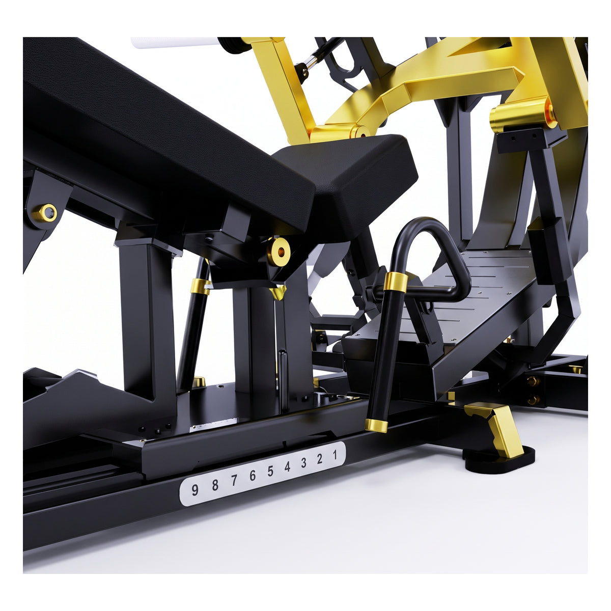 DHZ TITAN Mechanix Y950ZA Leg Press - Plate Loaded Beinpresse für professionelles Bein- und Glute-Training – leg press schwarz gold funktionsansicht