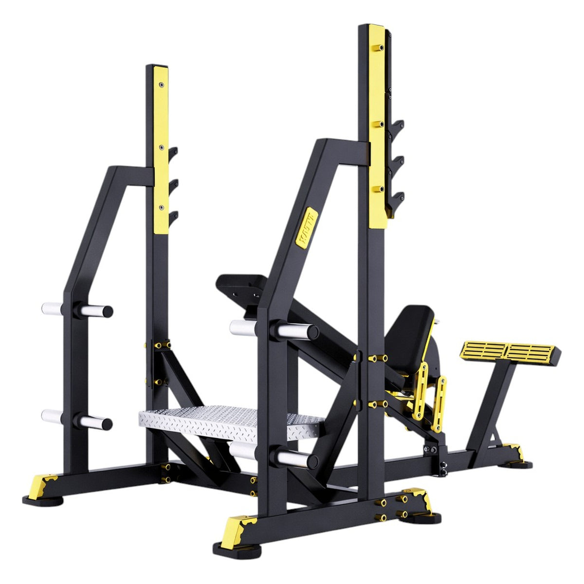 DHZ TITAN Mechanix Y971ZA Olympic Incline Bench - Plate Loaded Schrägbank für Langhanteltraining – olympic incline bench schwarz gold seitenansicht rechts
