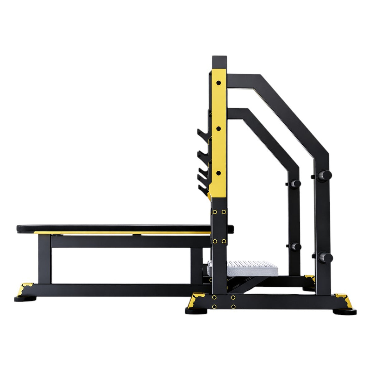 DHZ TITAN Mechanix Y972ZA Olympic Flat Bench - Plate Loaded Flachbank für Langhanteltraining – olympic flat bench schwarz gold seitenansicht rechts