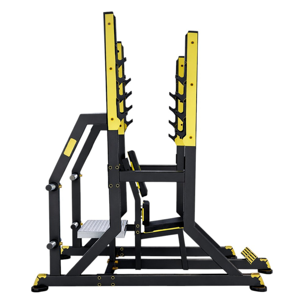 DHZ TITAN Mechanix Y974ZA Olympic Military Bench - Plate Loaded Schulterpresse Bank für Langhanteltraining – olympic military bench schwarz gold seitenansicht