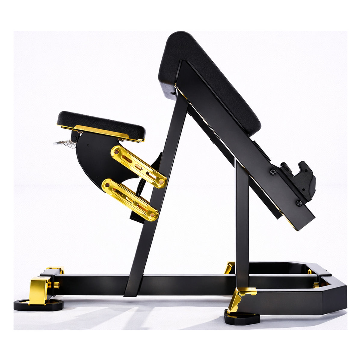 DHZ TITAN Mechanix Y976ZA Seated Preacher Curl - Plate Loaded Bizepsbank für isoliertes Armtraining – seated preacher curl schwarz gold seitenansicht