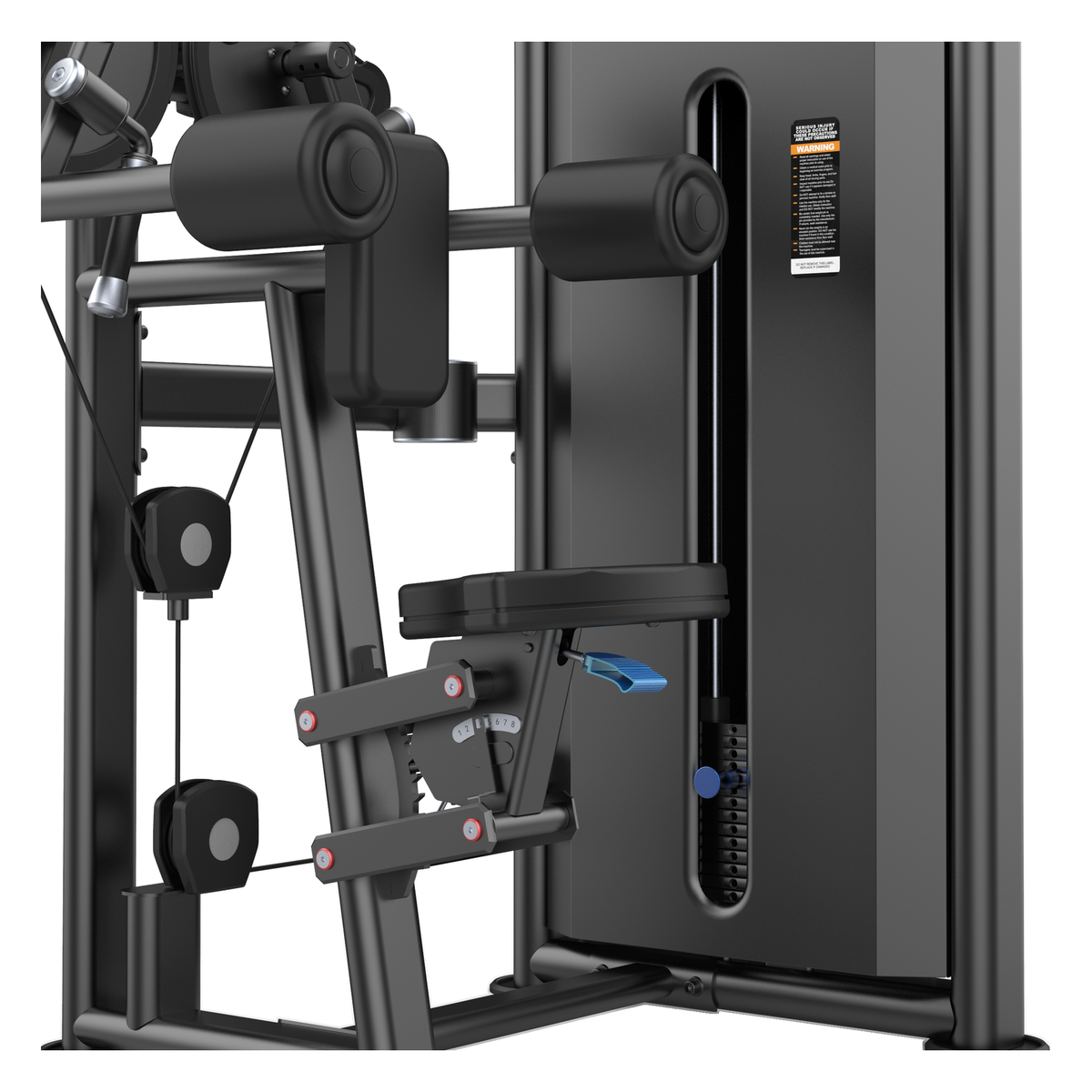 DHZ U2005 Lateral Raise Detailansicht von Sitz, Verstellung und Gewichtsstapel
