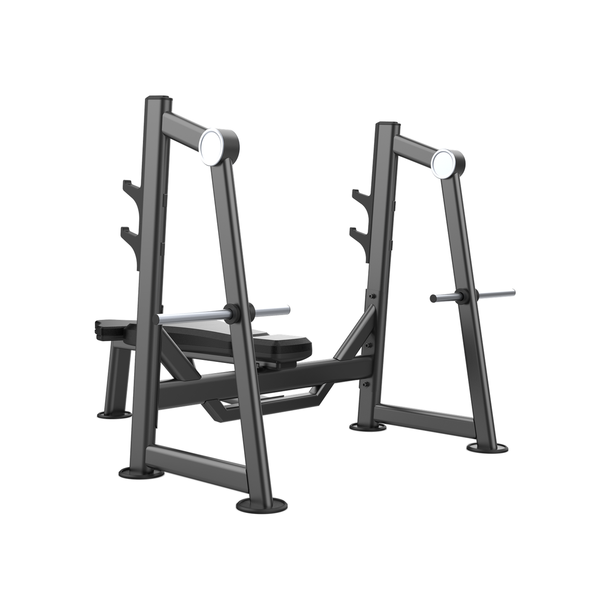 DHZ U2043 Olympic Bench Rückansicht mit Langhantelhaken und Scheibenhaltern