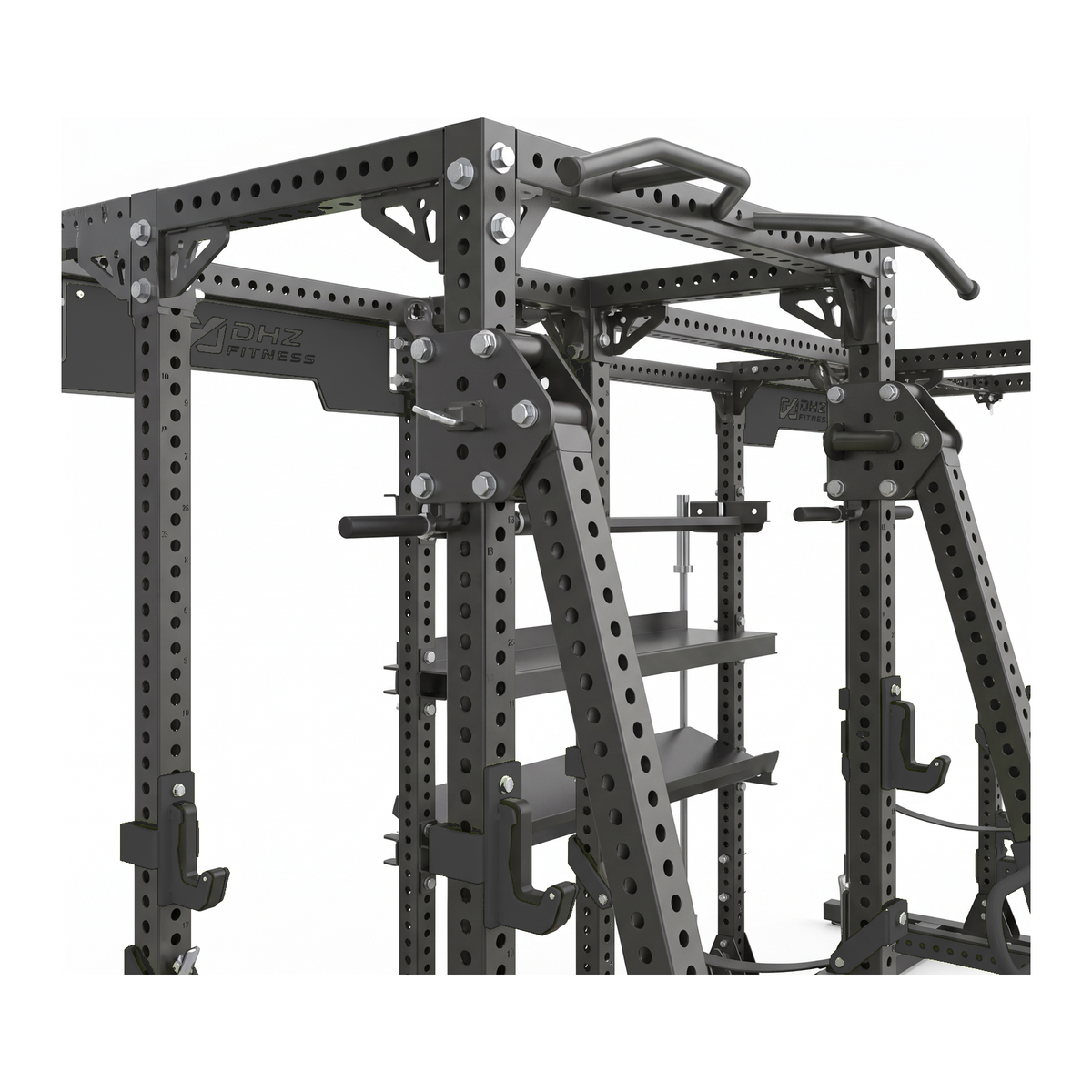 DHZ E6215 Lever Arm Dual Power Rack – Klimmzuggriffe und Jammer Arms in Piano Black