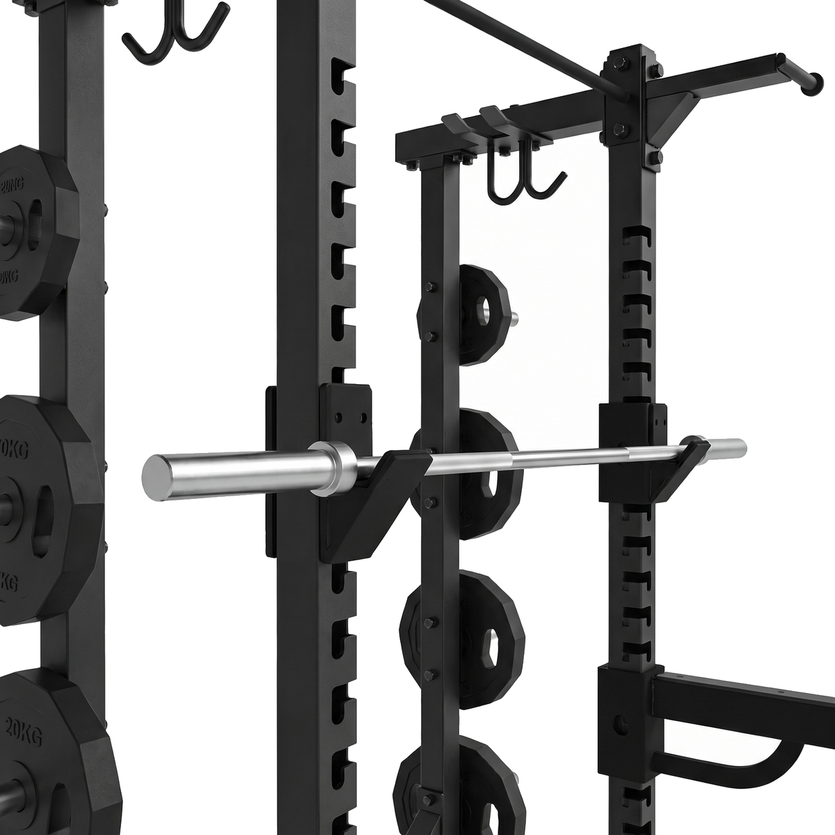 DHZ E6227 Classic Half Rack – Langhantelaufnahme und Sicherheitsablagen im Detail
