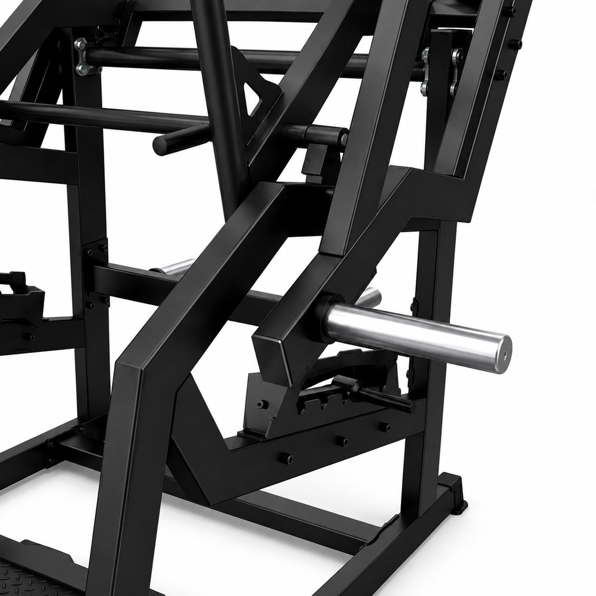 DHZ A601 Power Squat – Detail der 50-mm-Hantelscheibenaufnahme für Plate-Loaded Krafttraining – Fitnessstudio, Krafttraining und kommerzieller Studioeinsatz