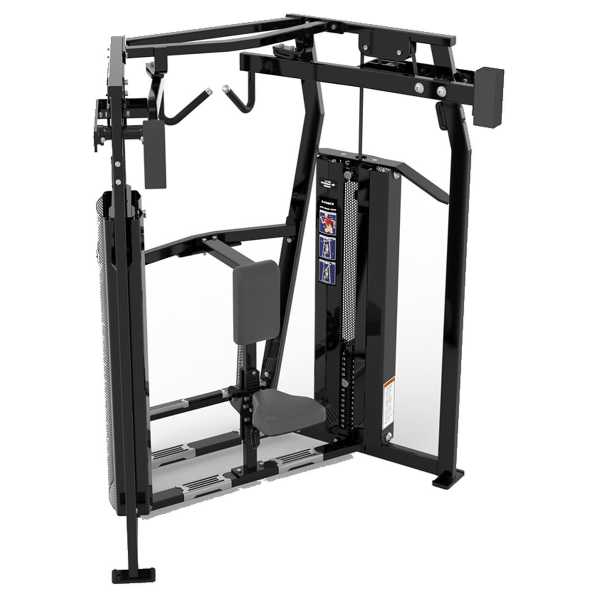 DHZ D-FORCE PM2045 High Row – Dual Weight Stack High-Row-Rückenmaschine – schwarze Polster, Produktansicht 04