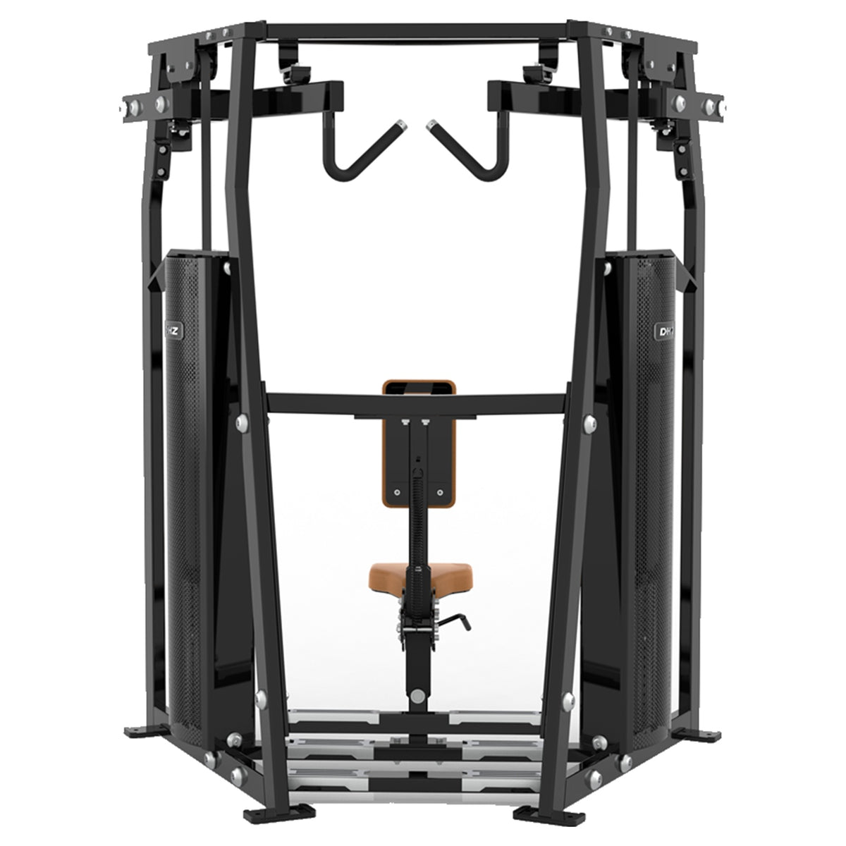 DHZ D-FORCE PM2045 High Row – Dual Weight Stack High-Row-Rückenmaschine – braune Polster, Produktansicht 04