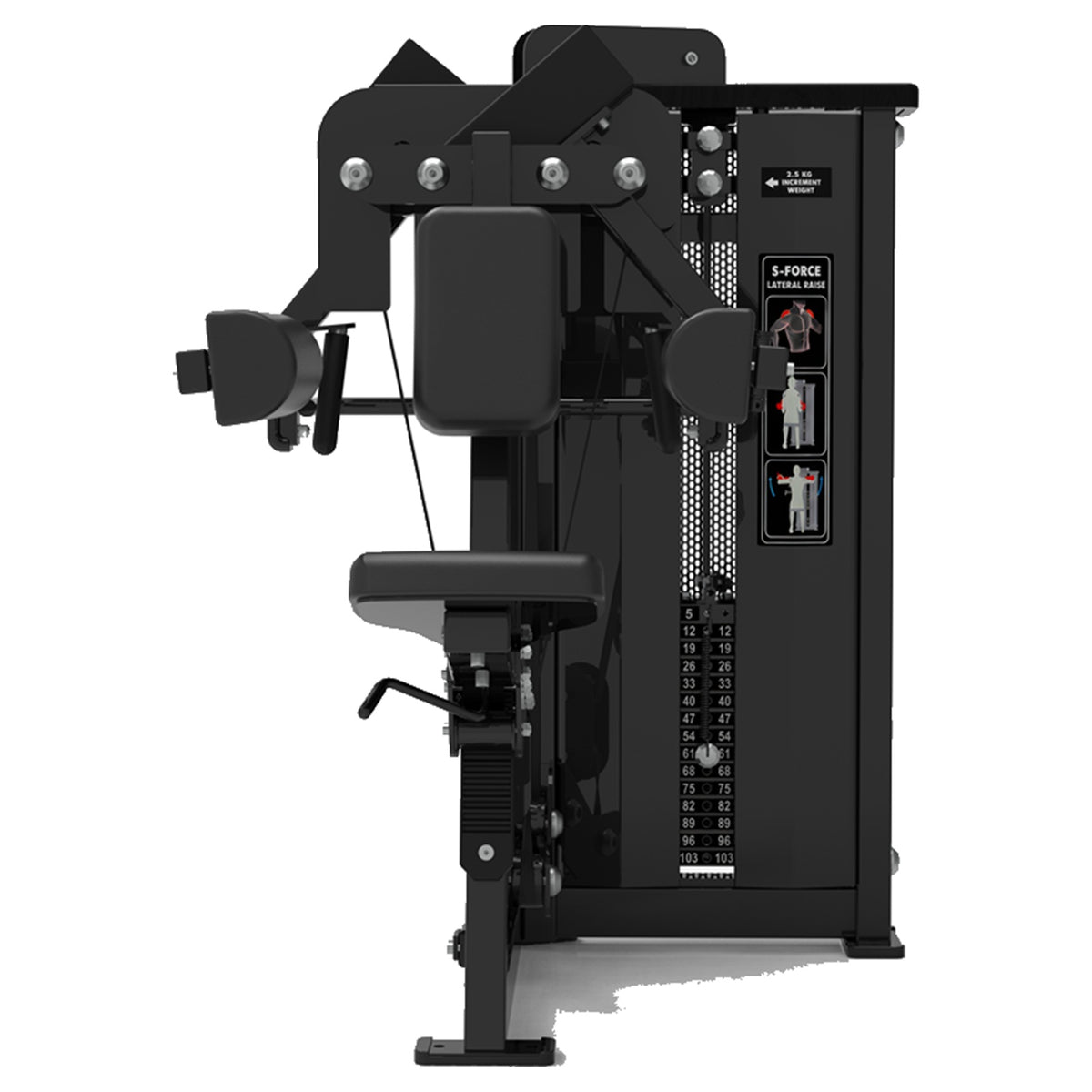 DHZ S-FORCE SM5005 Lateral Raise – Gewichtsblock Seitheben-Maschine – schwarze Polster, Produktansicht 04