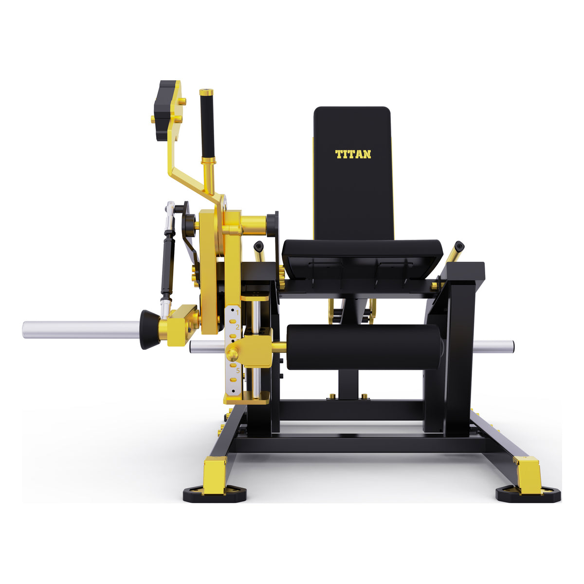 DHZ TITAN Mechanix Y961ZAG Leg Extension – Plate Loaded Beinstrecker – dhz titan mechanix y961zag leg extension schwarz gold rueckansicht 