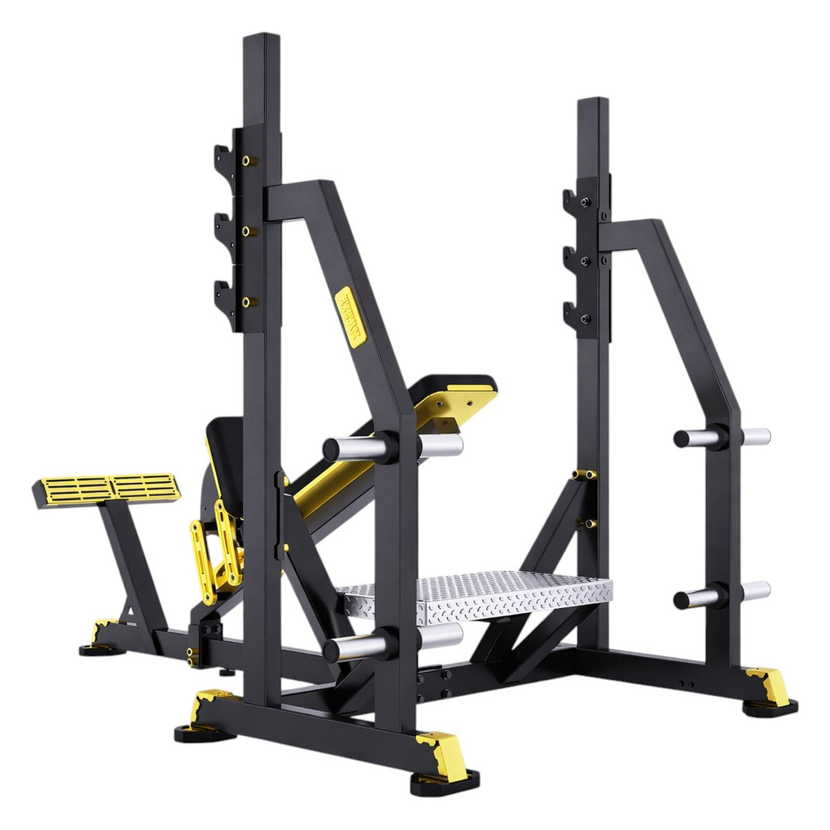 DHZ TITAN Mechanix Y971ZA Olympic Incline Bench - Plate Loaded Schrägbank für Langhanteltraining – olympic incline bench schwarz gold rueckansicht