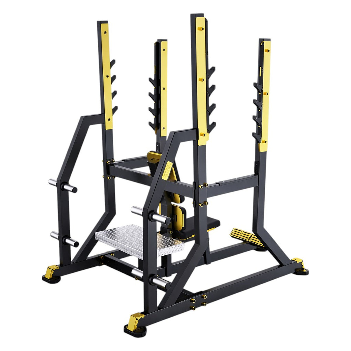 DHZ TITAN Mechanix Y974ZA Olympic Military Bench - Plate Loaded Schulterpresse Bank für Langhanteltraining – olympic military bench schwarz gold perspektivansicht